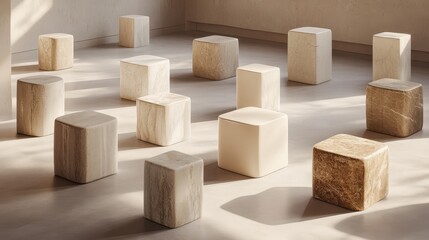 Cubic stone forms arranged in a minimalist display.