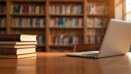 Stacked books and laptop on wooden table in library knowledge