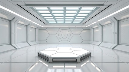 Modern futuristic white hexagonal room with central platform and skylight ceiling