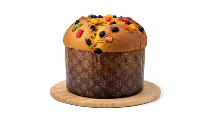 Close up of a panettone cake with candied fruit on a wooden cutting board