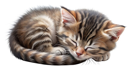 A tiny, adorable tabby kitten peacefully sleeping, curled up in a ball with its eyes closed isolated on transparent background