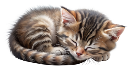 A tiny, adorable tabby kitten peacefully sleeping, curled up in a ball with its eyes closed isolated on transparent background