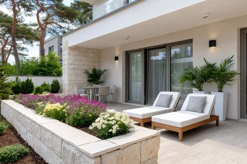 Modern patio with deck chairs inviting to relax in front of a beautiful house