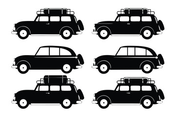 Vintage Car Silhouettes: A set of six classic car silhouettes, ready for adventure with roof racks and spare tires.
