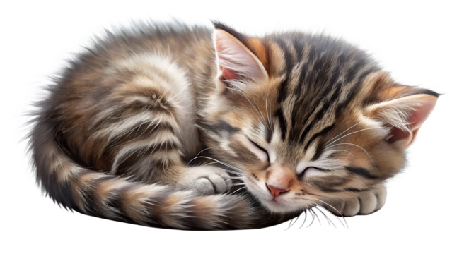 A tiny, adorable tabby kitten peacefully sleeping, curled up in a ball with its eyes closed isolated on transparent background
