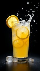 Lemon Soda Splashing with Ice in Glass against Black Backdrop