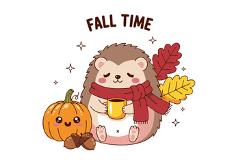 Obraz premium Cute Hedgehog with Scarf Pumpkin and Coffee in Autumn Scene.