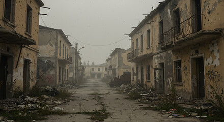 A desolate street scene depicting war-damaged buildings under a hazy sky.
