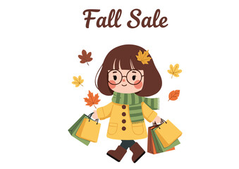 Adorable Girl in Yellow Coat with Shopping Bags and Autumn Leaves.
