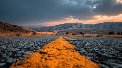 Empty road with expect sign in distance, highway travel scene, journey anticipation, open space, driving adventure