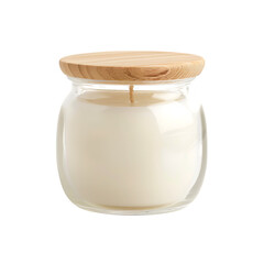 A scented candle in a glass jar with a wooden lid sits isolated on transparent background