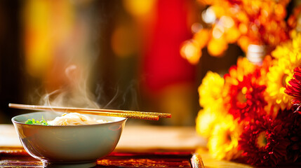 Steaming Pho noodles with fresh herbs on lacquer tray, representing Vietnam's inviting National Day cuisine.