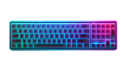 A modern mechanical keyboard with vibrant neon rgb backlighting in shades of blue, green, and pink, isolated on a transparent background