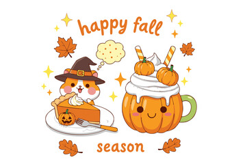 Fototapeta premium Cute Cartoon Hamster with Pumpkin Pie and Pumpkin Spice Drink for Happy Fall Season.