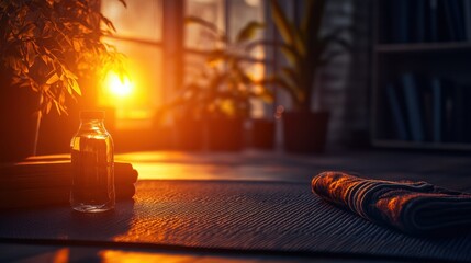Warm sunlight streams into a yoga .