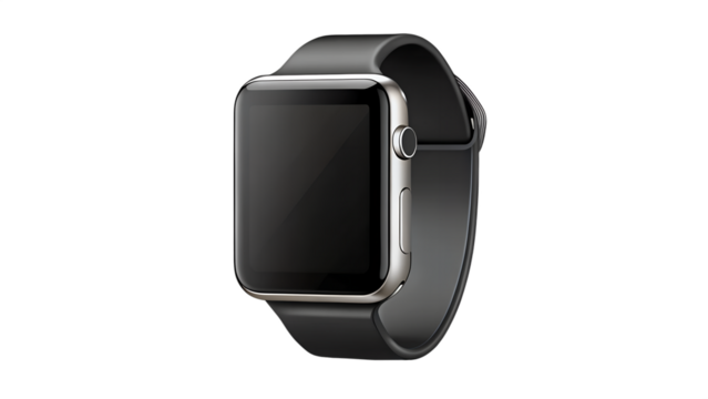 A sleek, modern smartwatch with a black band and silver casing, displaying a blank black screen, isolated on a transparent background