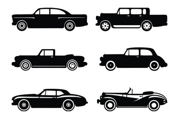 Classic Car Silhouette: A set of six vintage automobiles silhouetted against a clean backdrop, each showcasing the iconic design and timeless elegance of a bygone era. 
