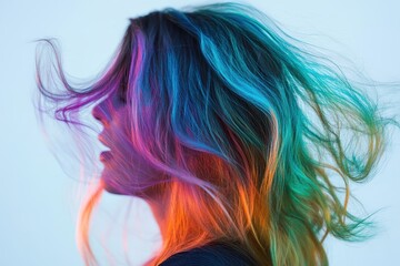 Colors transform as hair moves in vibrant display against a soft backdrop, Colors Change As Fan Shakes Hair