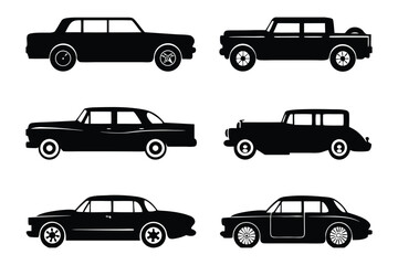 Classic Car Silhouettes: An array of classic automobiles in sleek black, showcasing timeless design and elegance, evoking nostalgia.