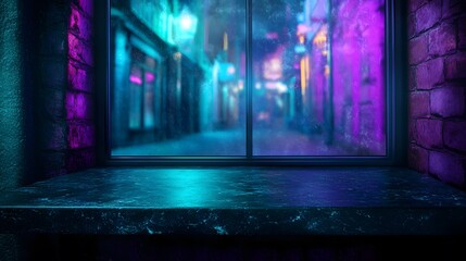 Fototapeta premium Neon City Night Windowsill Product Display Mockup