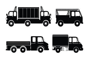 Vehicle Fleet Silhouettes: A collection of essential transportation vehicles in sleek black silhouette, embodying the spirit of logistical precision and urban mobility.