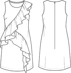 Girls’ sleeveless ruffle dress CAD drawing, flat fashion technical sketch with front layered frills, back zipper closure, vector design