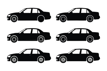 Fototapeta premium Fleet of Elegant Silhouettes: Six sleek, black sedan silhouettes stand in perfect alignment, exuding sophistication and hinting at seamless transportation and precision design.