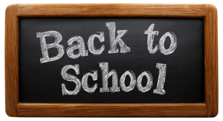 Traditional blackboard with "Back to School" text written in white chalk isolated on transparent background
