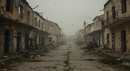 Devastated street scene with damaged buildings, rubble, and a hazy atmosphere, suggesting a post-conflict or disaster environment.