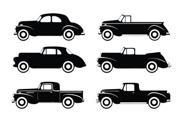 Vintage Car Collection Silhouette: A sleek collection of classic vintage car silhouettes showcases timeless automotive design. These images are a tribute to the elegance and style of a bygone era.