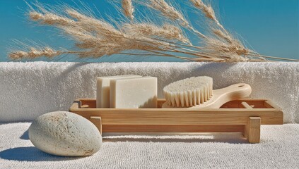 Spa essentials on white towels