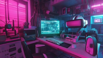 Cyberpunk workspace with VR headset, glowing monitor, and pink neon lighting
