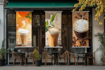 Three large banner mockups in front of a coffee shop, 4k Detail Resolution