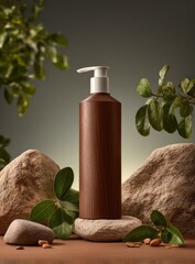 Natural cosmetic bottle on rocks