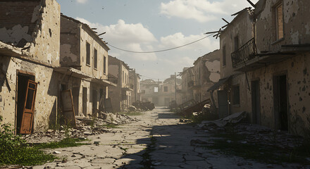 Desolate, sun-drenched street in a war-torn town, showing crumbling buildings and debris.