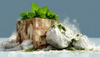 Wooden cube, mint, and white rocks on light gray surface