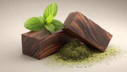 Dark wood blocks and green powder, mint leaf