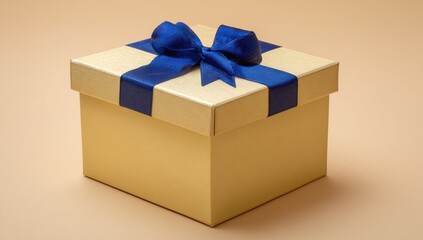 Gold gift box with a blue ribbon