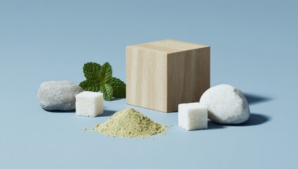 Light-blue backdrop displays a light-brown wooden cube, mint leaves, pale-grey stones, and light-tan sugar blocks.  A mound of pale-green powder sits beside them