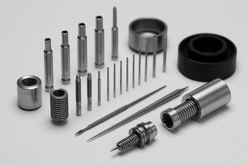 An assortment of precision metal parts and components isolated on white background