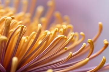 Close-up of a chrysanthemum's intricate, golden-orange filaments