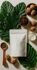 White coffee bag with nuts & leaves