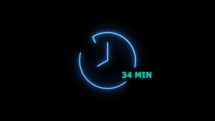 34 minute countdown timer Animation. analog neon clock icon animation . black background