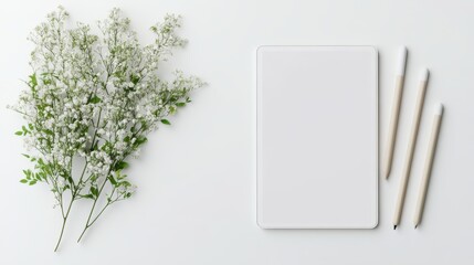 A bouquet of small white flowers next to a blank notepad and pencils.