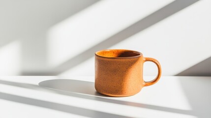 A muted, terracotta-colored mug sits on a white surface.