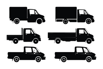 Truck Silhouette Collection: A diverse assortment of meticulously crafted silhouette illustrations showcases various truck designs, offering a versatile graphic resource for transport, delivery.