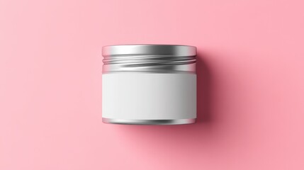 Empty metal jar with blank label on a pink surface.