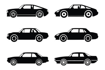 Classic Car Silhouettes: A collection of six sleek car silhouettes showcase vintage automotive design in clean vector graphics.