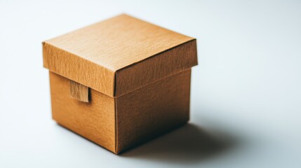 Square, light brown gift box rests on a plain background.