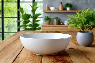 Fototapeta premium White bowl standing on wooden table in kitchen